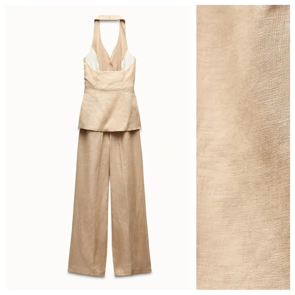 NWT. Zara Beige 100% Linen Sleeveless Halter Vest Jumpsuit. Size S.